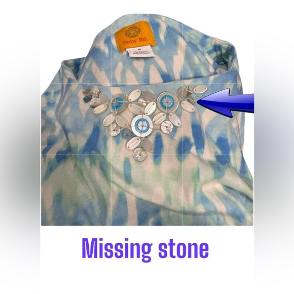 EUC Blue & White tie dye Ruby Rd Embellished neckline tee tropical resort boho S - Picture 5 of 5